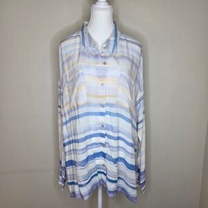 Dear John Blue Yellow Striped Button‎ Up Shirt Rayon Coastal Grandmother Size XL